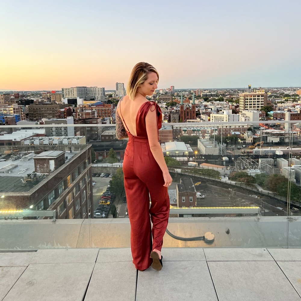 Look of luxe Rusty Rose Satin Asymmetrical Wide Leg jumpsuit